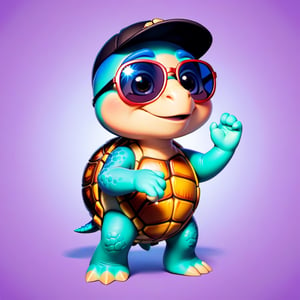 Create a 2D turtle character in a  portrait background, NFT turtle, turtle having shining colored skin, turtle wearing exclusive clothing design, wears sunglasses, wears hat. Bitmoji cartoon style, full image,  disney pixar style