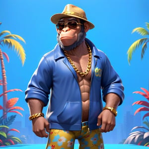 Create a 3D ape character in a blue portrait background, NFT ape, ape wearing stylish and expensive clothes, wears expensive chain, wears sunglasses, wears hat. Gta cartoon style, full image, disney pixar style