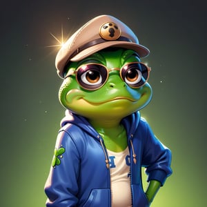 Create a 2D thug frog character in a  portrait background, NFT frog, frog having shining colored skin, frog wearing exclusive clothing design, wears sunglasses, wears hat. Bitmoji cartoon style, full image,  disney pixar style