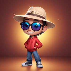 Create a 2D ant character in a  portrait background, NFT ant, ant having shining colored skin, ant wearing exclusive clothing design, wears sunglasses, wears hat. Bitmoji cartoon style, full image,  disney pixar style