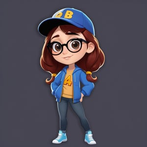 Create a 2D digital character in a  portrait background, NFT digital character, digital character having shining colored skin, digital character wearing exclusive clothing design, wears sunglasses, wears hat. Bitmoji cartoon style, full image,  disney pixar style