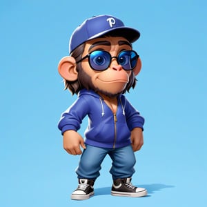 Create a 2D icecube ape character in a  portrait background, NFT ape, ape wearing stylish and expensive clothes, wears sunglasses, wears hat. Bitmoji cartoon style, full image, disney pixar style