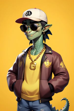 Create a 2D dragon character in a yellow portrait background, NFT dragon, dragon wearing stylish and expensive clothes, wears golden chains, wears sunglasses, wears hat. Gta cartoon style ,disney pixar style