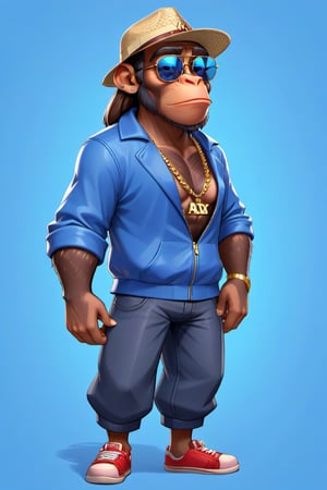 Create a 2D ape character in a blue portrait background, NFT ape, ape wearing stylish and expensive clothes, wears diamond chains, wears sunglasses, wears hat. Gta cartoon style, full image, disney pixar style