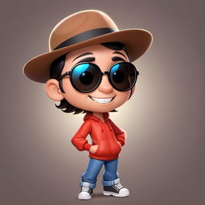 Create a 2D ant character in a  portrait background, NFT ant, ant having shining colored skin, ant wearing exclusive clothing design, wears sunglasses, wears hat. Bitmoji cartoon style, full image,  disney pixar style