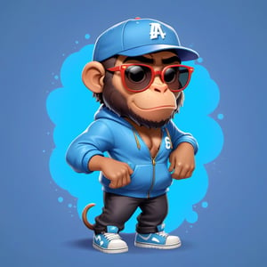 Create a 2D icecube ape character in a  portrait background, NFT ape, ape wearing stylish and expensive clothes, wears sunglasses, wears hat. Bitmoji cartoon style, full image, disney pixar style