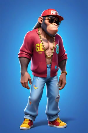 Create a 3D ape character in a blue portrait background, NFT ape, ape wearing stylish and expensive clothes, wears expensive chain, wears sunglasses, wears hat. Gta cartoon style, full image, disney pixar style