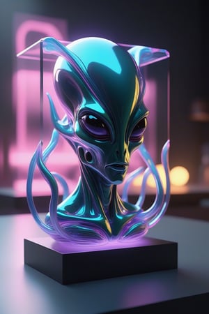 Design a captivating digital artwork showcasing a abstract alien statue made of glass, enclosed in a large translucent art block. The statue should exude playfulness and intelligence, represented through highly detailed Zen neon elements. Use Cinema 4D ray tracing and 3D rendering in Octane with an 8K resolution to create a mesmerizing and dynamic abstract alien sculpture