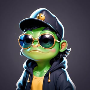 Create a 2D thug frog character in a  portrait background, NFT frog, frog having shining colored skin, frog wearing exclusive clothing design, wears sunglasses, wears hat. Bitmoji cartoon style, full image,  disney pixar style