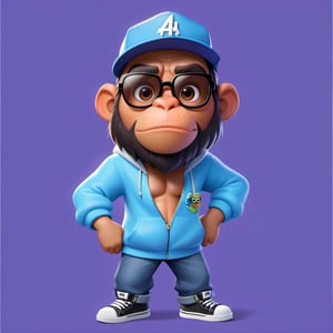 Create a 2D icecube ape character in a  portrait background, NFT ape, ape wearing stylish and expensive clothes, wears sunglasses, wears hat. Bitmoji cartoon style, full image, disney pixar style