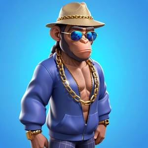 Create a 3D ape character in a blue portrait background, NFT ape, ape wearing stylish and expensive clothes, wears expensive chain, wears sunglasses, wears hat. Gta cartoon style, full image, disney pixar style