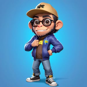 Create a 2D icecube ape character in a  portrait background, NFT ape, ape wearing stylish and expensive clothes, wears sunglasses, wears hat. Bitmoji cartoon style, full image, disney pixar style