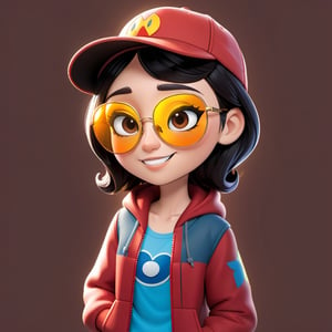 Create a 2D digital character in a  portrait background, NFT digital character, digital character having shining colored skin, digital character wearing exclusive clothing design, wears sunglasses, wears hat. Bitmoji cartoon style, full image,  disney pixar style