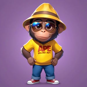 Create a 2D ape character in a  portrait background, NFT ape, ape having shining colored skin, ape  wearing exclusive clothing design, wears sunglasses, wears hat. Bitmoji cartoon style, full image,  disney pixar style