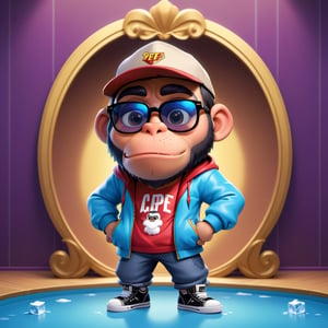 Create a 2D icecube ape character in a  portrait background, NFT ape, ape wearing stylish and expensive clothes, wears sunglasses, wears hat. Bitmoji cartoon style, full image, disney pixar style