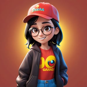 Create a 2D digital character in a  portrait background, NFT digital character, digital character having shining colored skin, digital character wearing exclusive clothing design, wears sunglasses, wears hat. Bitmoji cartoon style, full image,  disney pixar style