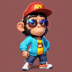 Create a 2D ape character in a  portrait background, NFT ape, ape having shining colored skin, ape  wearing exclusive clothing design, wears sunglasses, wears hat. Bitmoji cartoon style, full image,  disney pixar style