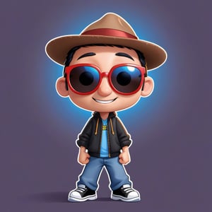 Create a 2D ant character in a  portrait background, NFT ant, ant having shining colored skin, ant wearing exclusive clothing design, wears sunglasses, wears hat. Bitmoji cartoon style, full image,  disney pixar style