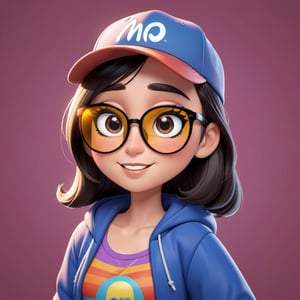 Create a 2D digital character in a  portrait background, NFT digital character, digital character having shining colored skin, digital character wearing exclusive clothing design, wears sunglasses, wears hat. Bitmoji cartoon style, full image,  disney pixar style