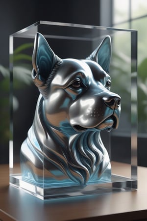 Create a close-up digital artwork featuring a dog statue enclosed in a glass block. The statue, made entirely of glass, should showcase highly detailed Zen prisms, capturing the essence of tranquility and grace. Utilize 3D sculpture techniques with an 8K Octane render to bring out the intricate details of the dog statue and create a captivating visual experience