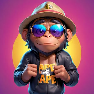 Create a 2D ape character in a  portrait background, NFT ape, ape having shining colored skin, ape  wearing exclusive clothing design, wears sunglasses, wears hat. Bitmoji cartoon style, full image,  disney pixar style