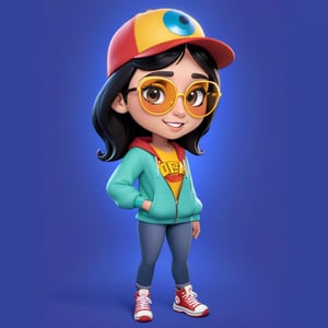 Create a 2D digital character in a  portrait background, NFT digital character, digital character having shining colored skin, digital character wearing exclusive clothing design, wears sunglasses, wears hat. Bitmoji cartoon style, full image,  disney pixar style