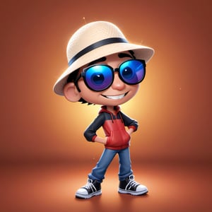 Create a 2D ant character in a  portrait background, NFT ant, ant having shining colored skin, ant wearing exclusive clothing design, wears sunglasses, wears hat. Bitmoji cartoon style, full image,  disney pixar style