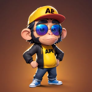 Create a 2D ape character in a  portrait background, NFT ape, ape having shining colored skin, ape  wearing exclusive clothing design, wears sunglasses, wears hat. Bitmoji cartoon style, full image,  disney pixar style