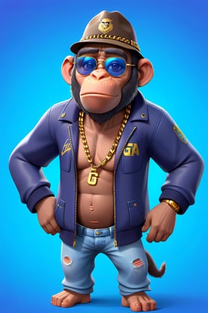 Create a 3D ape character in a blue portrait background, NFT ape, ape wearing stylish and expensive clothes, wears expensive chain, wears sunglasses, wears hat. Gta cartoon style, full image, disney pixar style