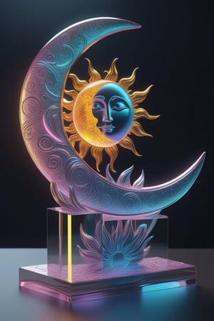 Design a captivating digital artwork showcasing a abstract moon and sun statue made of glass, enclosed in a large translucent art block. The statue should exude playfulness and intelligence, represented through highly detailed Zen neon elements. Use Cinema 4D ray tracing and 3D rendering in Octane with an 8K resolution to create a mesmerizing and dynamic abstract moon and sun sculpture