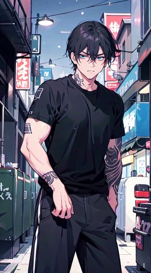 best quality, 1 man, front view, anime, tattoos, black shirt, tattoo dragon, blue eyes, black hair, white skin, night street background, intimidating look, athletic body, muscular arms,