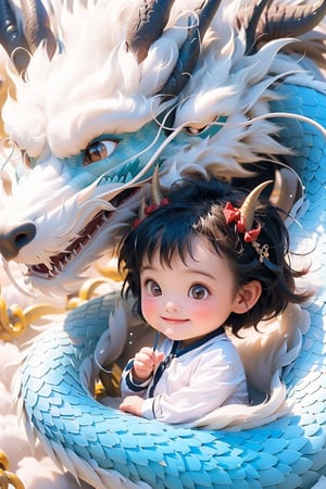 solo, short hair, black hair, brown eyes, 1girl, smiling mouth, female focus, horns, chibi, aged down, child, infant,dragon, female child,