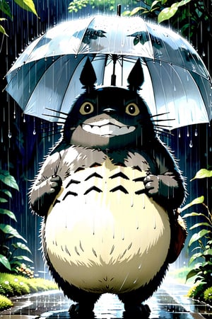 Photo. Totoro in the anime My Neighbor Totoro in the waiting sequence under the rain and Totoro's smile from the sound of rain on the umbrella ,totoro, art by Studio Ghibli, art by J.C. Leyendecker