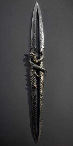 1 dagger,NO human,NO person,NO character,
Dagger of the Hashashin group, the handle to the blade is in the shape of a snake, delicate, with details, Dark alloy material, attention to detail, snake head handle end 