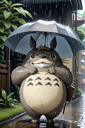 Photo. 3D character Totoro in the anime My Neighbor Totoro in the waiting sequence under the rain and Totoro's smile from the sound of rain on the umbrella ,totoro, art by Studio Ghibli, art by J.C. Leyendecker