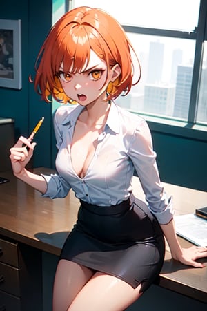 1girl, angry, yelling at viewer,
short haircut, orange hair, orange eyes,
white shirt, black pencil skirt, cleavage, small breasts,
in office,
(best quality), colorful, vibrant colors, masterpiece, high contrast, detailed, best quality, high resolution,