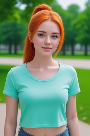 real life, realistic, cute american 20 year old american girl, ((orange hair, all hair tied in ponytail)), pale, freckles, ((grey/blue eyes)), beautiful face, cute smile, thighs.
wearing ((light green tshirt)), ((jeans shorts)),.
high quality picture outside walking in park. full body portrait, facing viewer,

ultrahd, ultrahd quality image., good eyes, detailed eyes, high detail eyes, beautiful eyes,,<lora:659095807385103906:1.0>