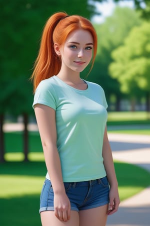 real life, realistic, cute american 20 year old american girl, ((orange hair, all hair tied in ponytail)), pale, freckles, ((grey/blue eyes)), beautiful face, cute smile.
wearing ((light green tshirt)), ((jeans shorts)),.
high quality picture outside walking in park. full body portrait, facing viewer,

ultrahd, ultrahd quality image., good eyes, detailed eyes, high detail eyes, beautiful eyes,,<lora:659095807385103906:1.0>