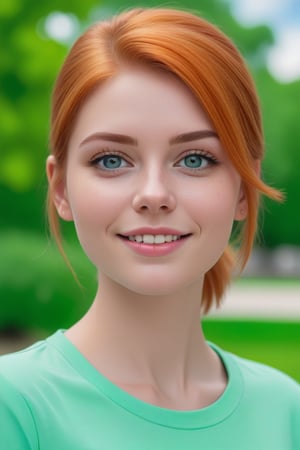 real life, realistic, cute american 20 year old american girl, ((orange hair, all hair tied in ponytail)), pale, freckles, ((grey/blue eyes)), beautiful face, cute smile, thighs.
wearing ((light green tshirt)), ((jeans shorts)),.
high quality picture outside walking in park. full body portrait, facing viewer,

ultrahd, ultrahd quality image., good eyes, detailed eyes, high detail eyes, beautiful eyes,,<lora:659095807385103906:1.0>