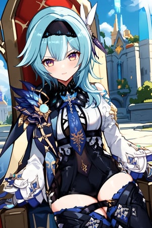 Prompt: Eula of genshin impact,looking at the camera sitting on a throne, with a castle in the background,eula (genshin impact), hairband, blue hair, multicolored eyes, necktie, cape, vision \(genshin impact\), leotard, long sleeves, gloves, sidelocks, black thighhighs,,
