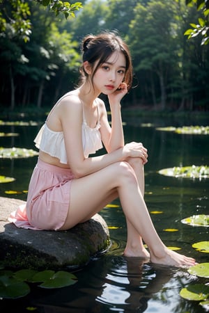 a girl sitting on a rock in the water, fantasy art, beautiful pink little alien girl, soft light misty yoshitakae amano, very sad emotion, reflecting flower, her hands are red roots, magali villeneuve and monet, detailed art in color, little girl, sitting at a pond, timid,1 girl, masterpiece,best quality