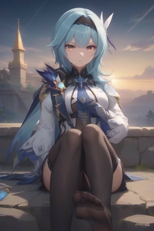 Toes number ,A close-up shot of Eula from Genshin Impact sitting with her arms wrapped around her legs, hairband, blue hair, multicolored eyes, necktie, cape, vision \(genshin impact\), leotard, long sleeves, gloves, sidelocks, black thighhighs ,showing beautiful toes,creating a protective and introspective pose. The scene is dimly lit with a soft, cool light emphasizing her contemplative expression. The background is a misty, ethereal landscape with faint hints of mountains and a starry sky. Composition is centered, focusing on her serene yet determined face.,score_9,source_anime