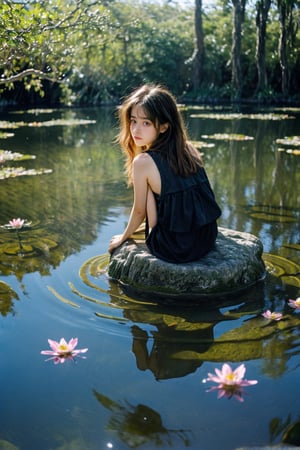 a girl sitting on a rock in the water, fantasy art, beautiful pink little alien girl, soft light misty yoshitakae amano, very sad emotion, reflecting flower, her hands are red roots, magali villeneuve and monet, detailed art in color, little girl, sitting at a pond, timid,1 girl, masterpiece,best quality