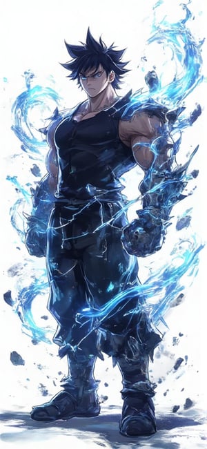 Create an anime-style male character with both arms entirely made of rough, cracked stone. The stone arms have jagged edges, visible cracks, and a rugged texture, with small pebbles and dust falling off, emphasizing their raw power. Surrounding his arms is a glowing blue aura, resembling waves of energy that pulse and flow around them, giving a mystical and powerful vibe. The character stands in a strong, confident pose, with shadows cast behind him on a clean white background, enhancing the realism. He wears a dark sleeveless shirt and pants, contrasting with the bright backdrop. His intense expression reflects his strength, and the glowing blue waves add a sense of energy and motion. Ensure the shadows are soft yet distinct, further highlighting the aura and the character’s striking presence, making the overall image dynamic and powerful