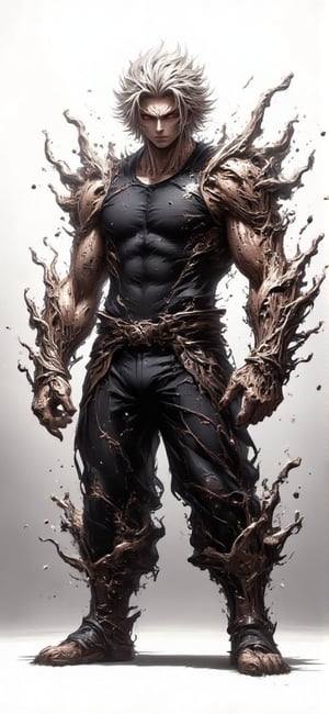 Create an anime-style male character with both arms entirely made of rough, cracked stone. The stone arms have jagged edges, visible cracks, and a rugged texture, with small pebbles and dust falling off, emphasizing their raw power. The character stands in a strong, confident pose, with shadows cast behind him on a clean white background, giving the scene depth and making the figure appear realistic. He wears a dark sleeveless shirt and pants, which contrast with the bright background. His expression is serious, with intense, focused eyes. Ensure the shadows in the background are soft but distinct, enhancing the character’s presence, and giving the overall image a dynamic yet clean and powerful look.