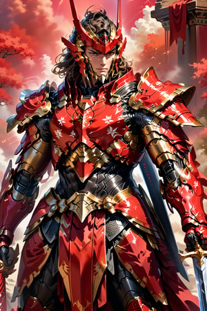 Generate a breathtakingly vivid and detailed image featuring a male warrior sentinel clad in resplendent red and black armor, brandishing a magnificent sword with an aura of power. Set against a backdrop of pristine white and radiant gold chromatic hues, evoke a sense of majesty and grandeur. Capture the warrior's unwavering determination and strength, infusing every detail with lifelike realism and dynamic energy. Utilize [insert website URL] to ensure the image exudes the epitome of nobility and valor,more detail XL,mecha,robot