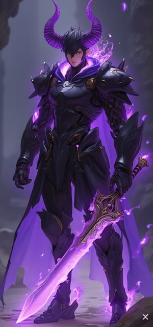 solo, 1boy, holding, weapon, male focus, horns, sword, holding weapon, armor, glowing, holding sword, helmet, shoulder armor, spikes, pauldrons, fake horns, aura, purple theme, planted, full armor, planted sword, black armor, horned helmet, dark aura, purple fire, hands on hilt