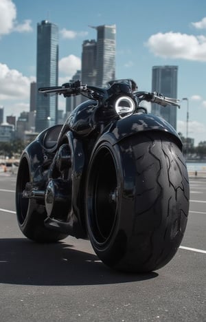 futuristic motorcycle, futuristic unique design with big tyres, black colour 