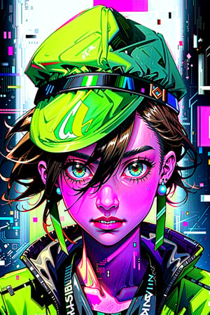 Beautiful woman medium hair, wearing cap, cyberpunk style short clothes