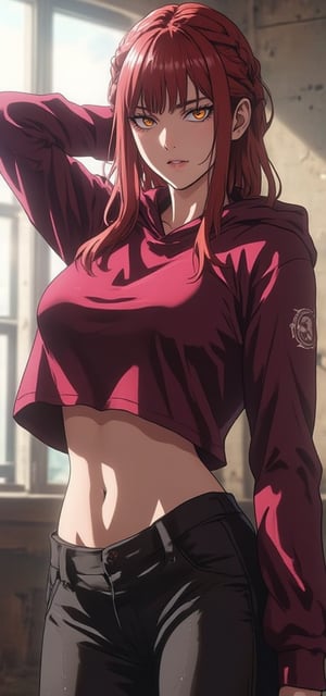 1girl, solo, long hair, chest, looking at viewer, bangs, large chest, long sleeves, navel, hair between eyes, yellow eyes, braid, red hair, midriff, pants, hood, crop top, hoodie, black pants, abs, arm behind head, braided ponytail, ringed eyes, ,underboob, cropped hoodie, makima \(chainsaw man\)